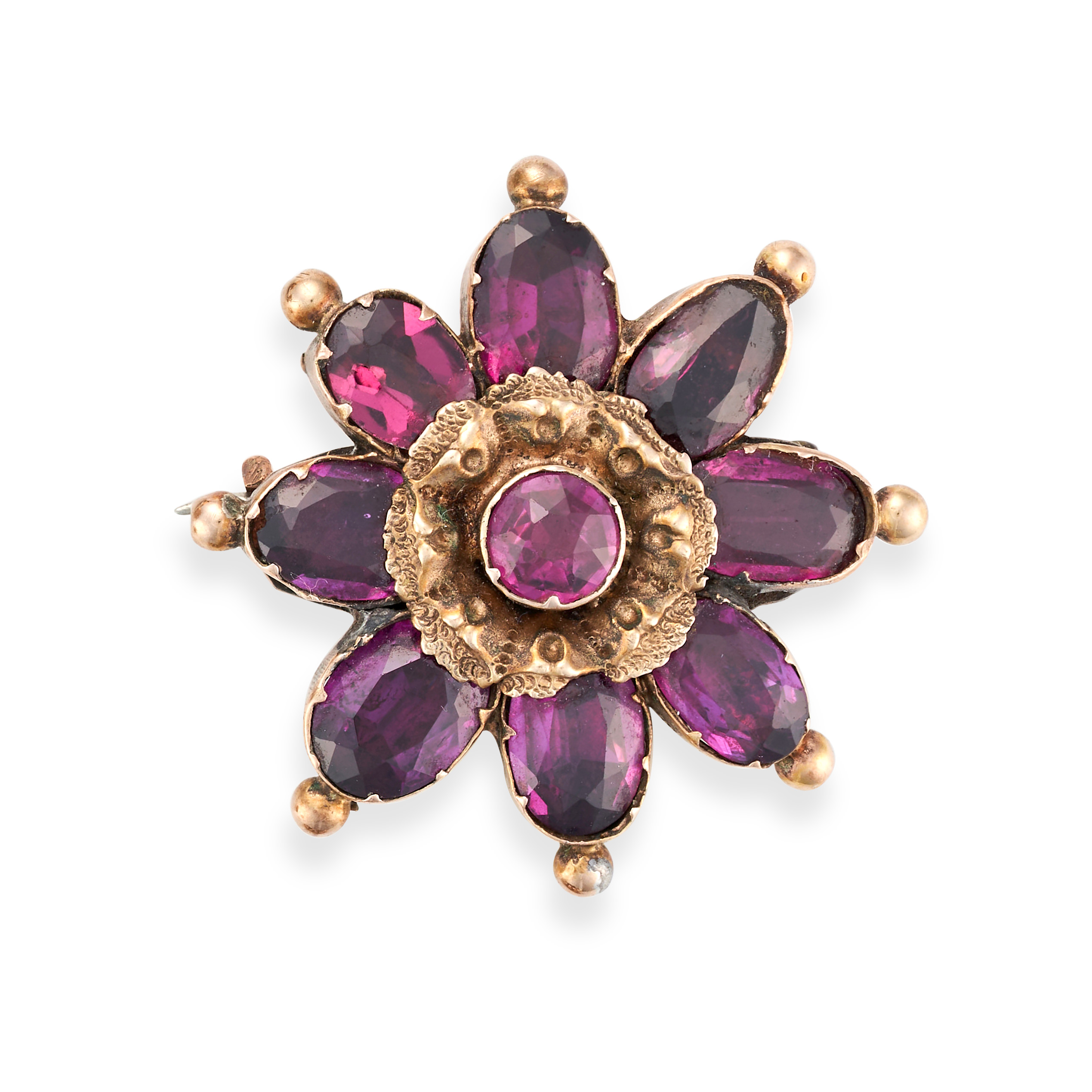 AN ANTIQUE GARNET FLOWER BROOCH set with a round cut garnet in a cluster of oval cut garnets, no ...