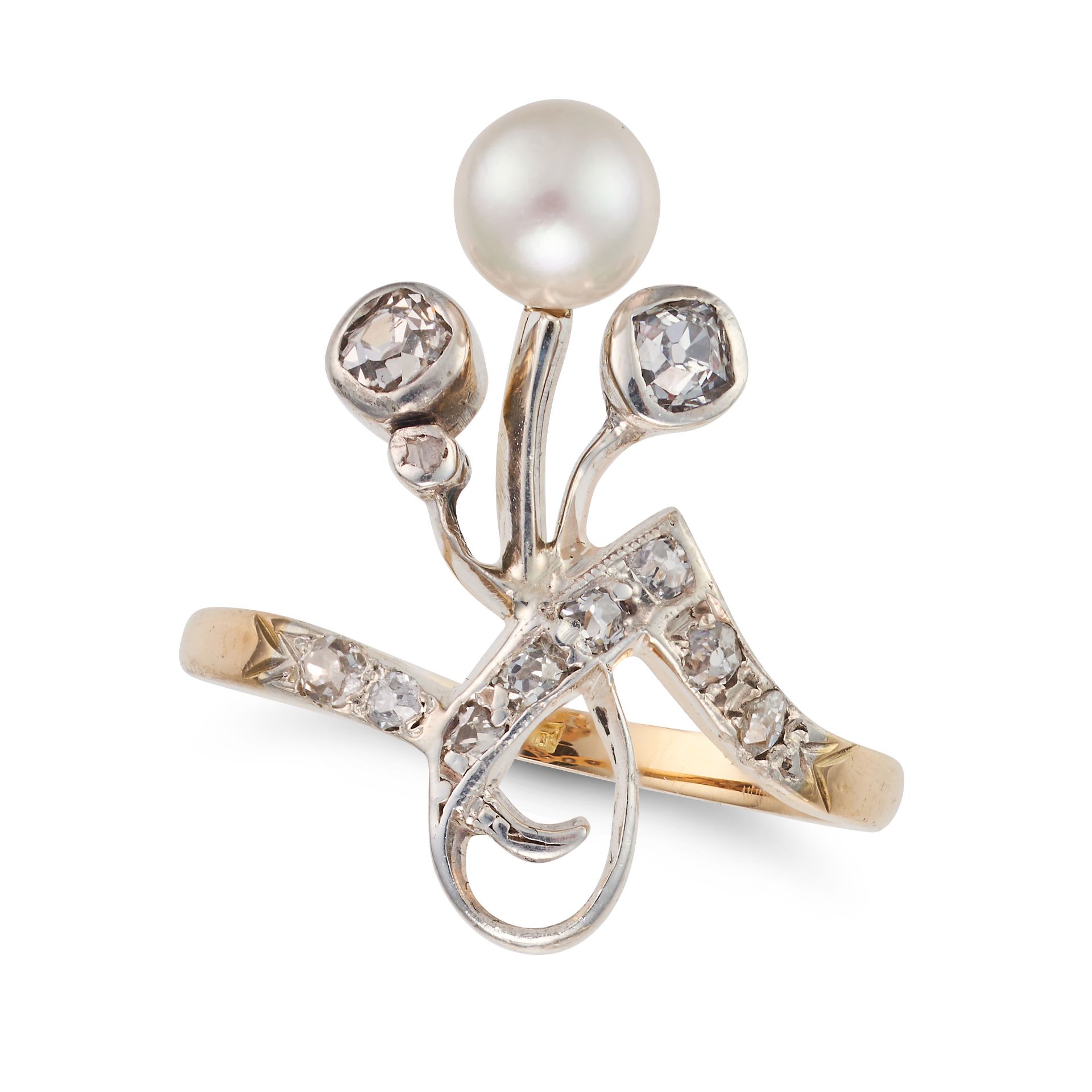 A DIAMOND AND PEARL DRESS RING in foliate design set with old cut diamonds and a pearl, no assay ...