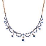 A SAPPHIRE AND DIAMOND FESTOON NECKLACE comprising a row of round cut sapphires and round cut dia...