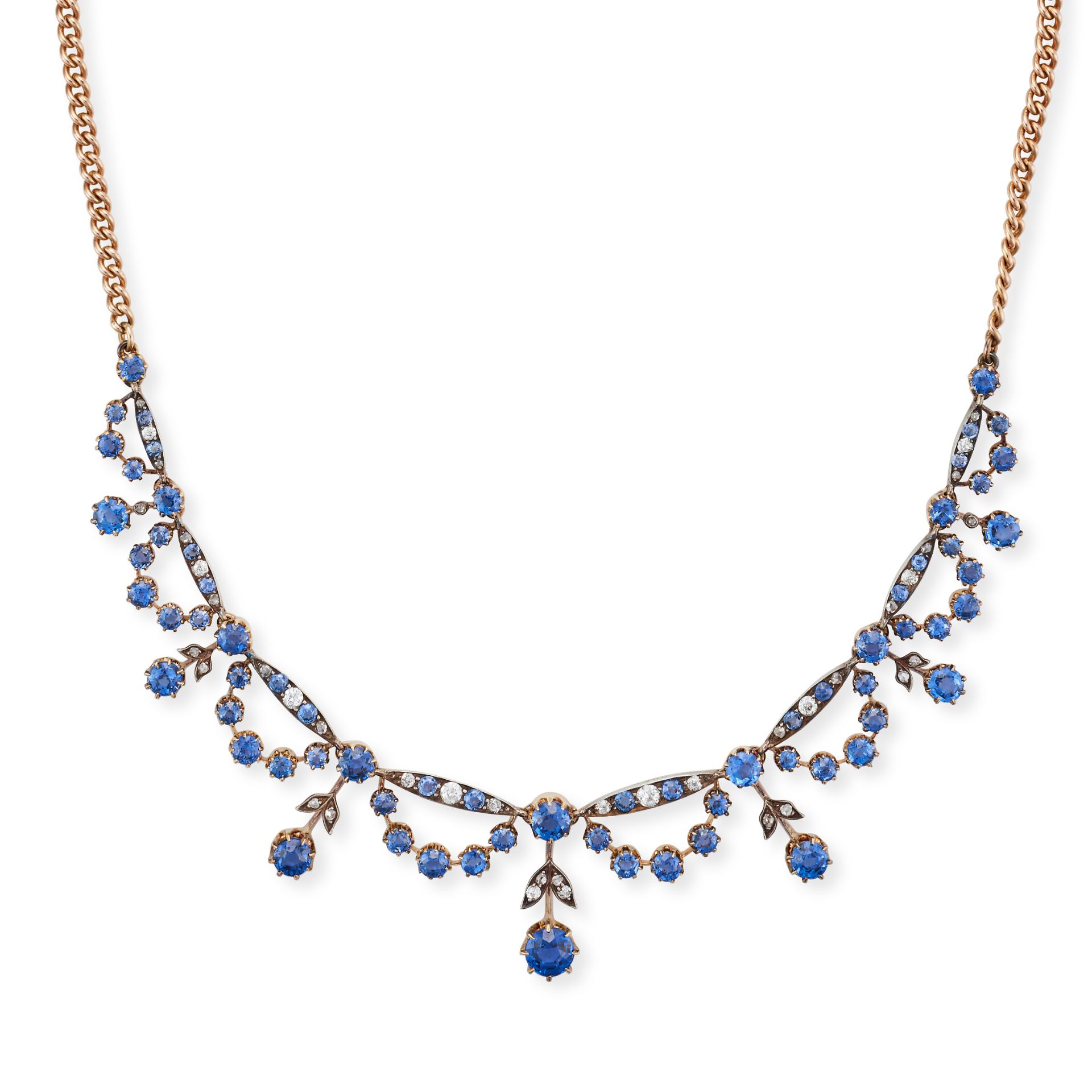 A SAPPHIRE AND DIAMOND FESTOON NECKLACE comprising a row of round cut sapphires and round cut dia...