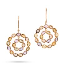 A PAIR OF MULTICOLOUR SAPPHIRE DROP EARRINGS each comprising two concentric hoops set with pink, ...