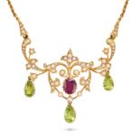 AN ANTIQUE GARNET, PERIDOT AND PEARL NECKLACE in 15ct yellow gold, the scrolling pendant set with...