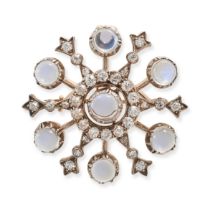 AN ANTIQUE MOONSTONE AND DIAMOND SNOWFLAKE BROOCH / PENDANT in yellow gold and silver, designed a...