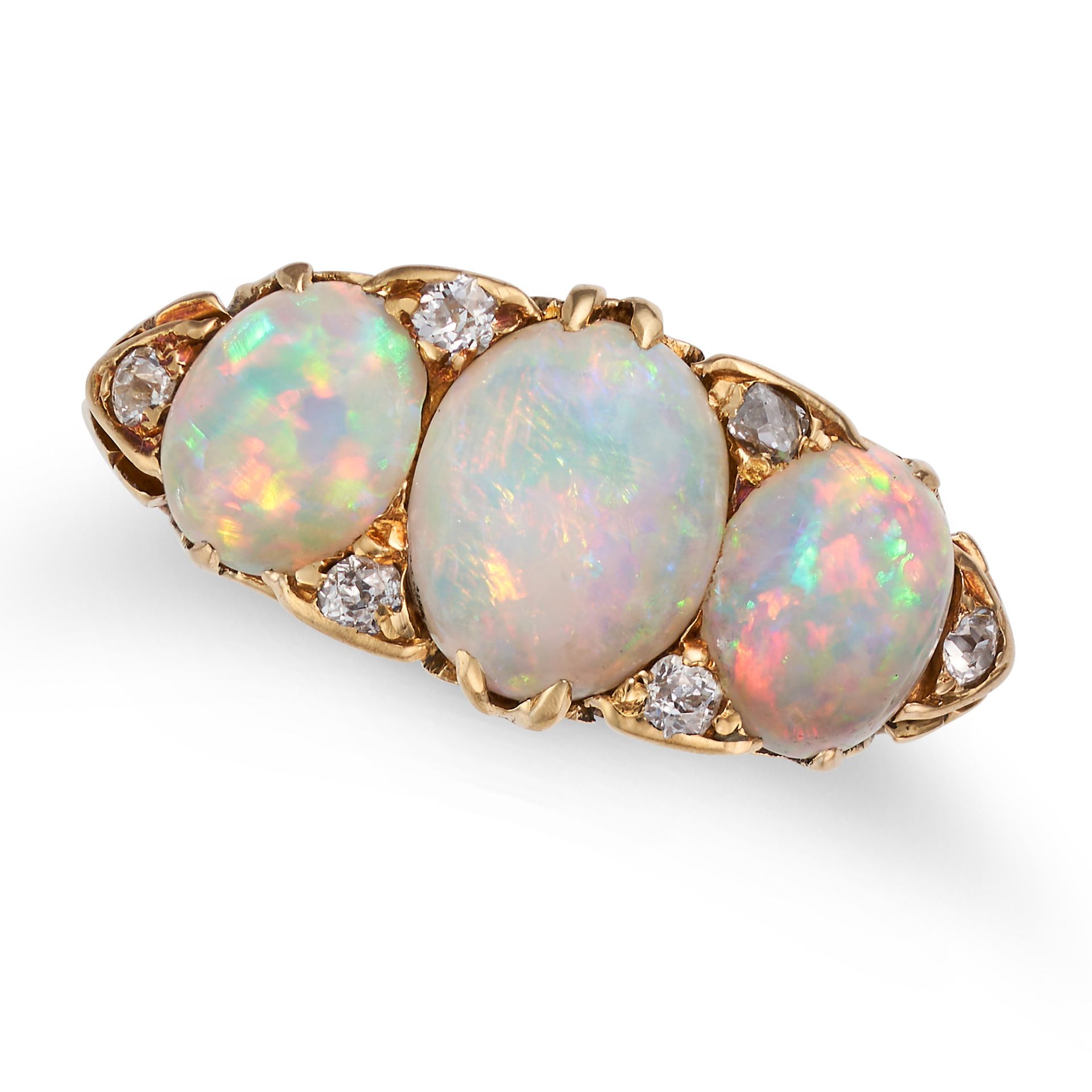 AN ANTIQUE OPAL AND DIAMOND RING in 18ct yellow gold, set with three oval cabochon opals accented...