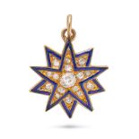 AN ANTIQUE DIAMOND AND ENAMEL STAR PENDANT in yellow gold, designed as a ten rayed star set throu...