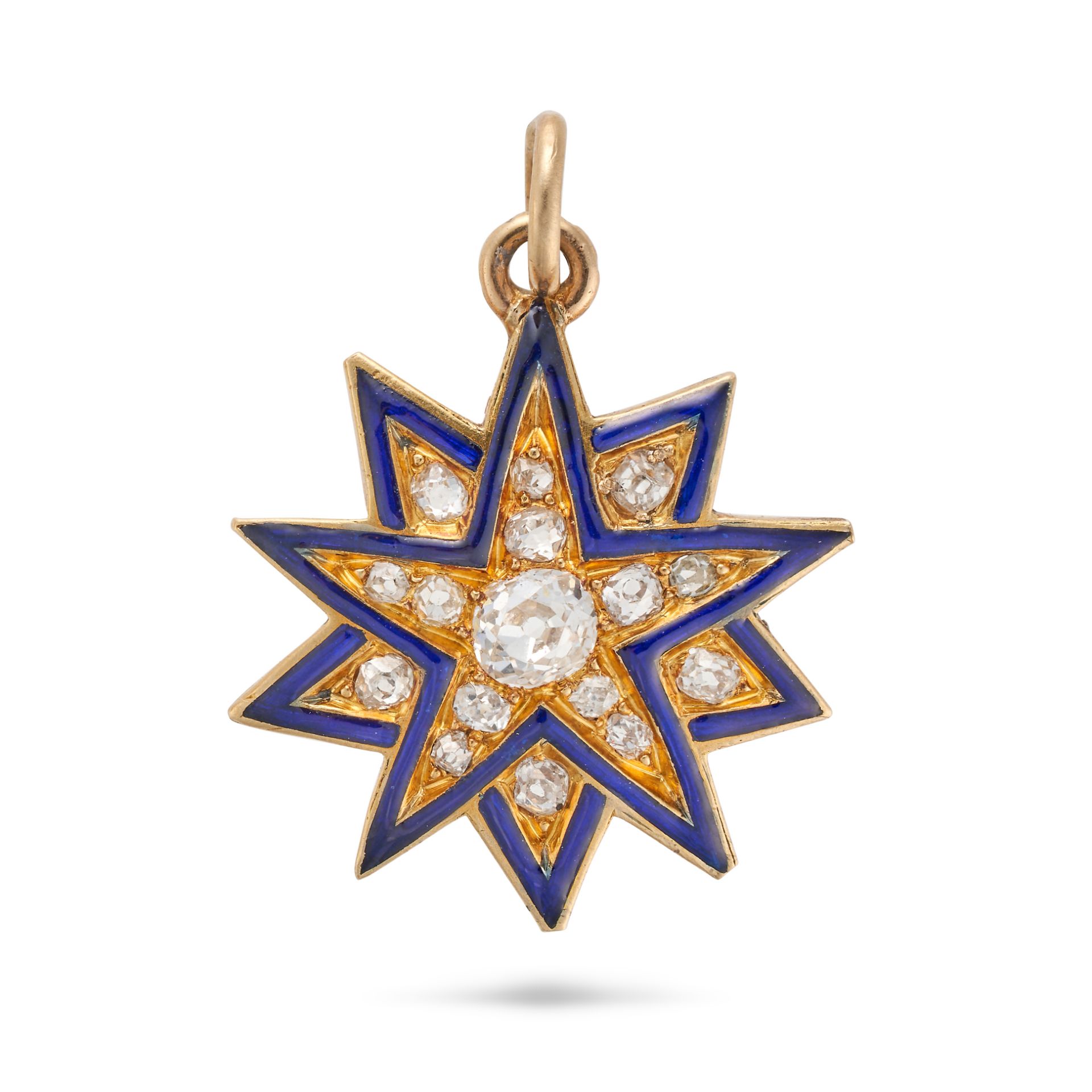 AN ANTIQUE DIAMOND AND ENAMEL STAR PENDANT in yellow gold, designed as a ten rayed star set throu...