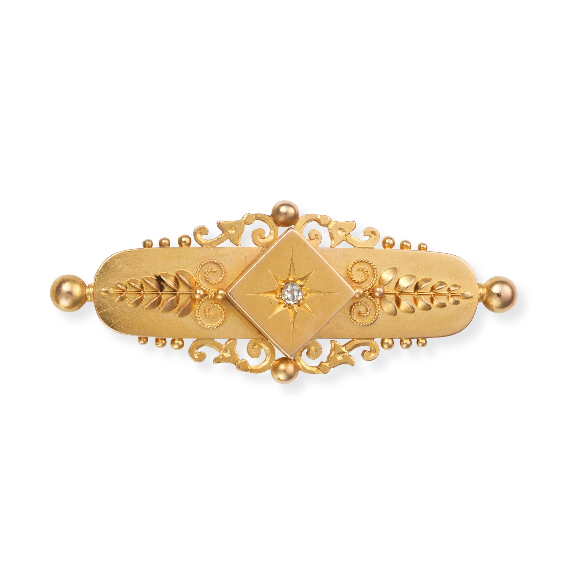 AN ANTIQUE DIAMOND BROOCH in 15ct yellow gold, the oval brooch set with an old cut diamond within...