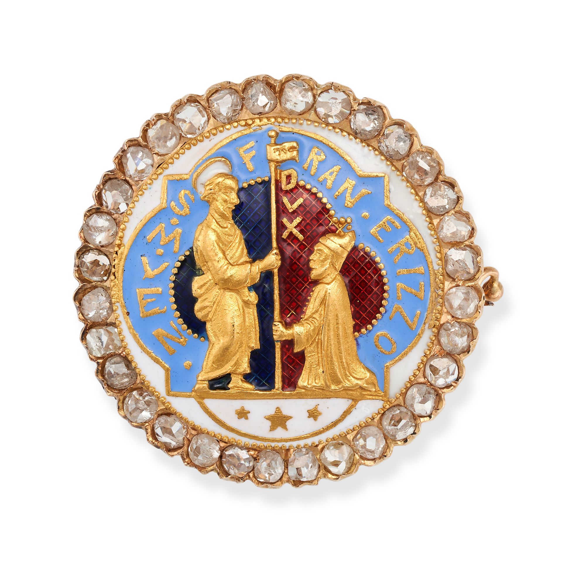 AN ANTIQUE ENAMEL AND DIAMOND BROOCH in yellow gold, the circular brooch depicting Francesco Eriz...