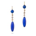 A PAIR OF ENAMEL AND DIAMOND DROP EARRINGS each comprising a bead decorated with blue enamel