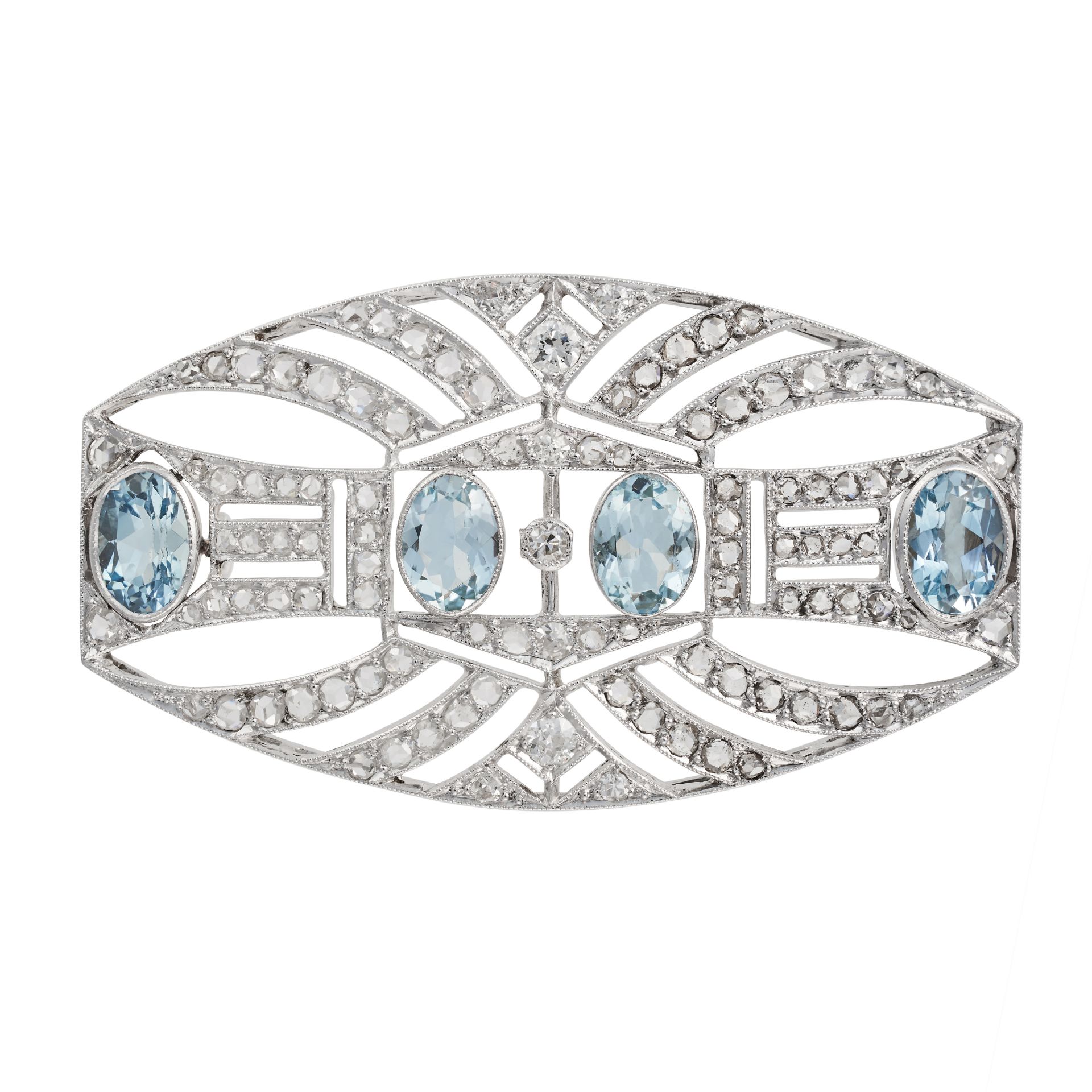 AN AQUAMARINE AND DIAMOND BROOCH the openwork brooch set with four oval cut aquamarines and accen...