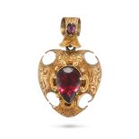 AN ANTIQUE GARNET HEART LOCKET PENDANT the pendant designed as a heart engraved with foliate moti...