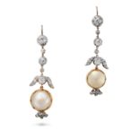 A PAIR OF NATURAL SALTWATER PEARL AND DIAMOND DROP EARRINGS each comprising a row of old cut diam...