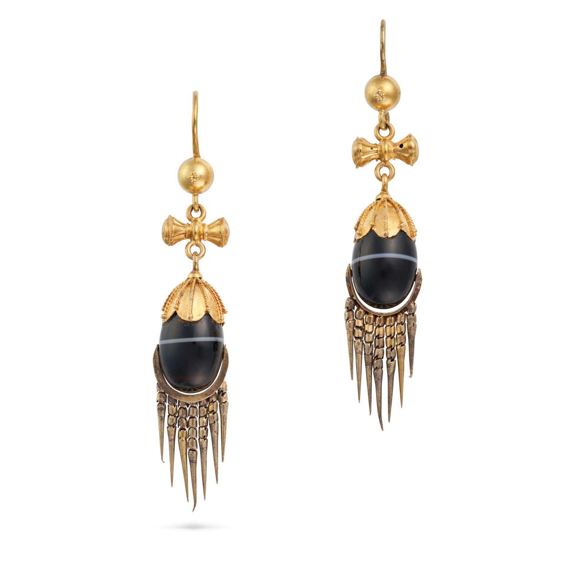 A PAIR OF ANTIQUE BANDED AGATE TASSEL DROP EARRINGS in yellow gold, each set with an oval polishe...