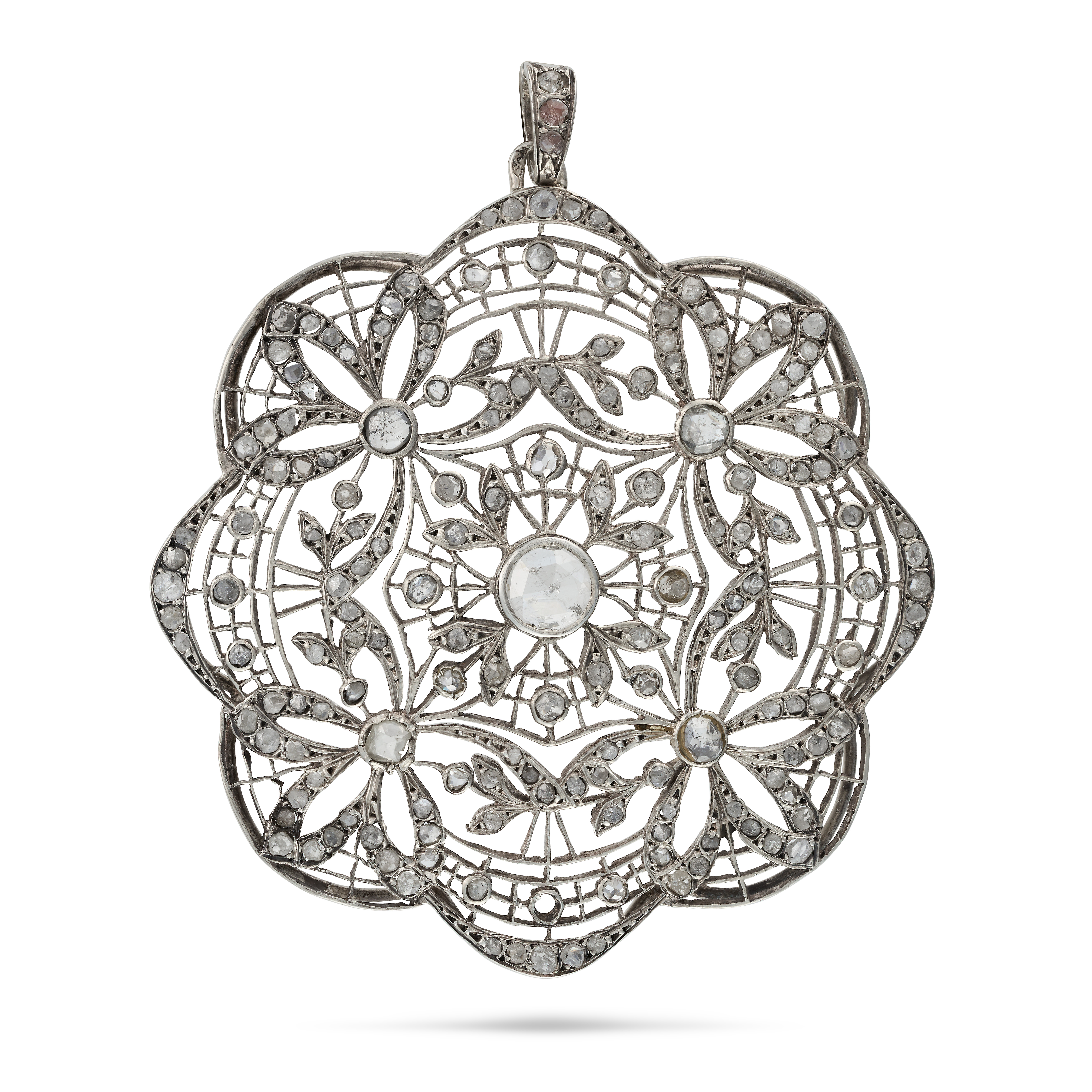 AN ANTIQUE DIAMOND PENDANT the openwork pendant in foliate design, set throughout with rose cut d...