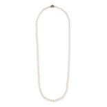 A PEARL AND DIAMOND NECKLACE in yellow gold and silver, comprising a single row of pearls, the cl...