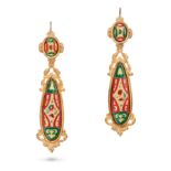 A PAIR OF ANTIQUE ENAMEL DROP EARRINGS the oval earrings suspending a scrolling tapering drop, de...