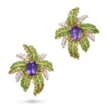 A PAIR OF AMETHYST, TSAVORITE GARNET AND DIAMOND EARRINGS each set with an oval cut amethyst acce...