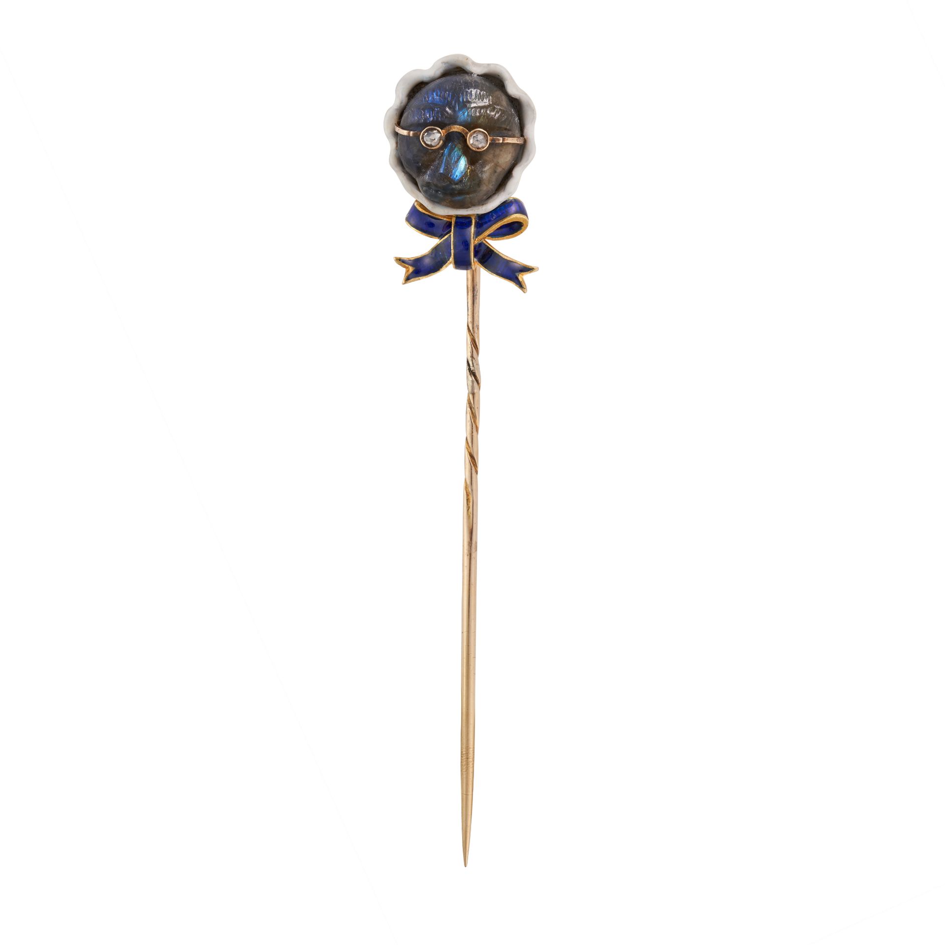 A LABRADORITE, DIAMOND AND ENAMEL MONKEY NOVELTY STICK PIN designed as a monkey in spectacles wea... - Image 2 of 2