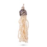 AN ANTIQUE SAPPHIRE, DIAMOND AND PEARL TASSEL PENDANT set with round cut sapphires and rose cut d...