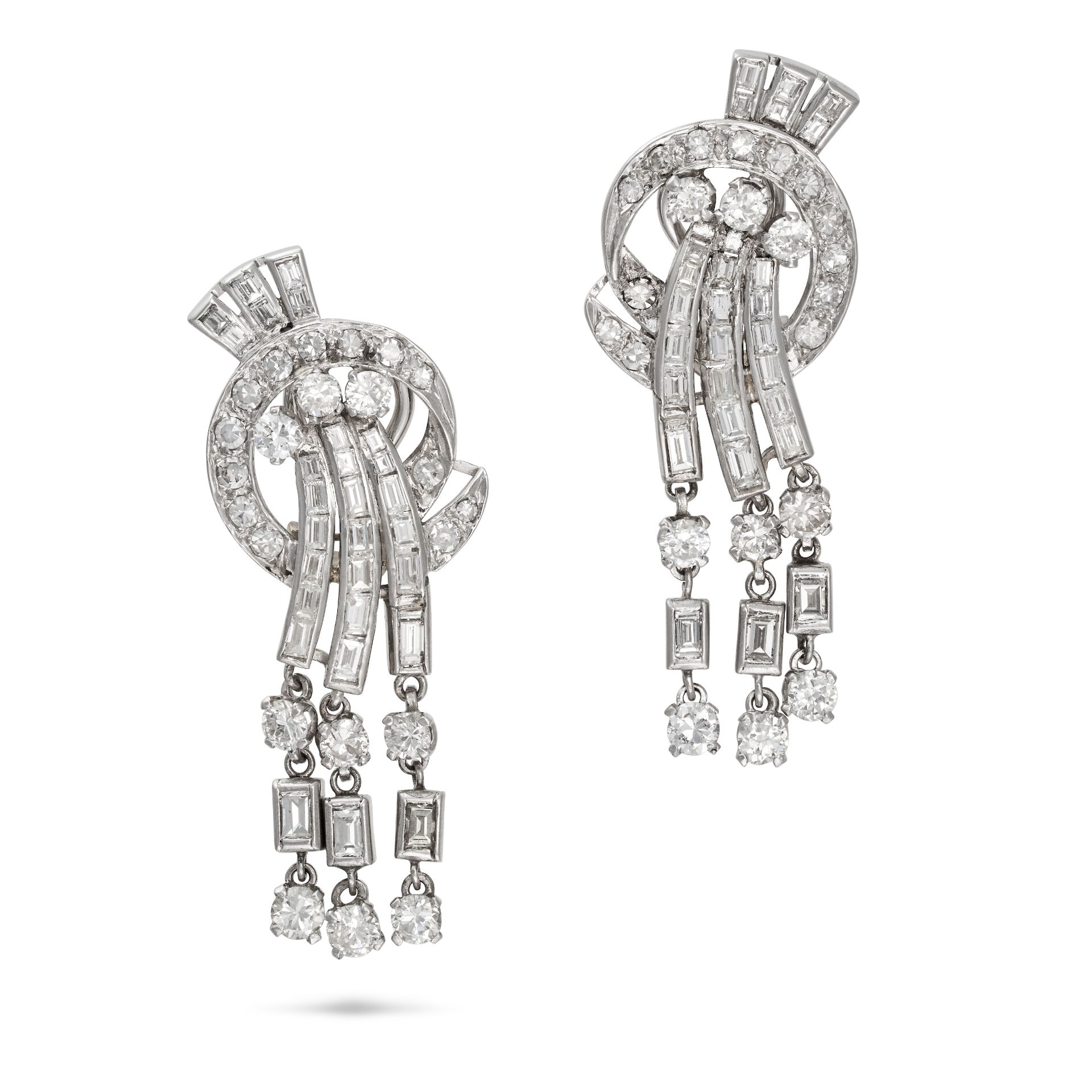 A PAIR OF DIAMOND DROP CLIP EARRINGS each designed as a spray set with round brilliant, single an...