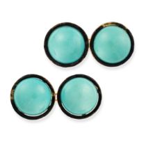 A PAIR OF FRENCH TURQUOISE AND ENAMEL CUFFLINKS in 18ct yellow gold, each set with a round caboch...
