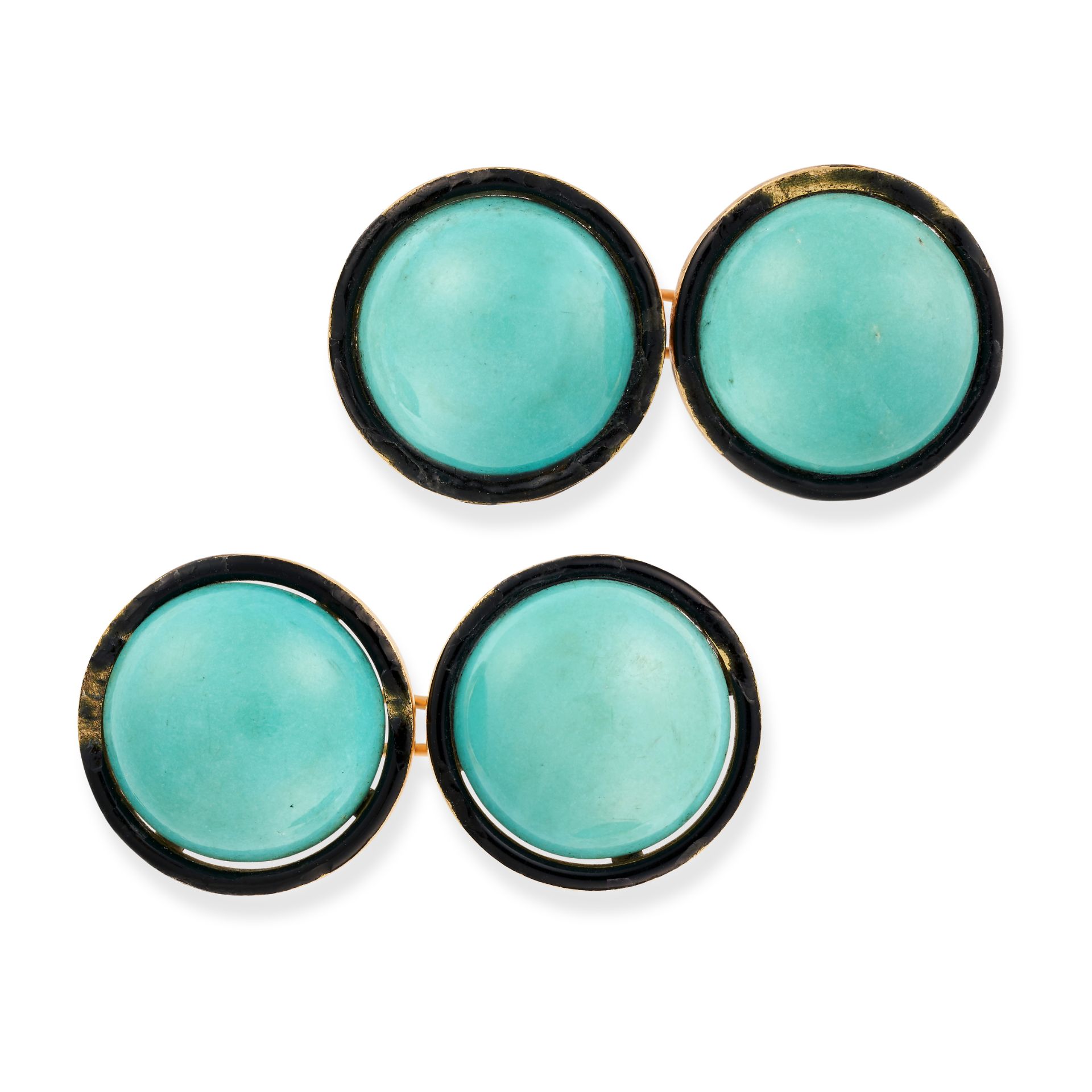 A PAIR OF FRENCH TURQUOISE AND ENAMEL CUFFLINKS in 18ct yellow gold, each set with a round caboch...