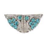 A BLUE ZIRCON AND PASTE DOUBLE CLIP BROOCH the scrolling brooch set throughout with round cut blu...