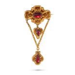 AN ANTIQUE GARNET BROOCH set with an oval cabochon garnet suspending a swag chain and two pear sh...