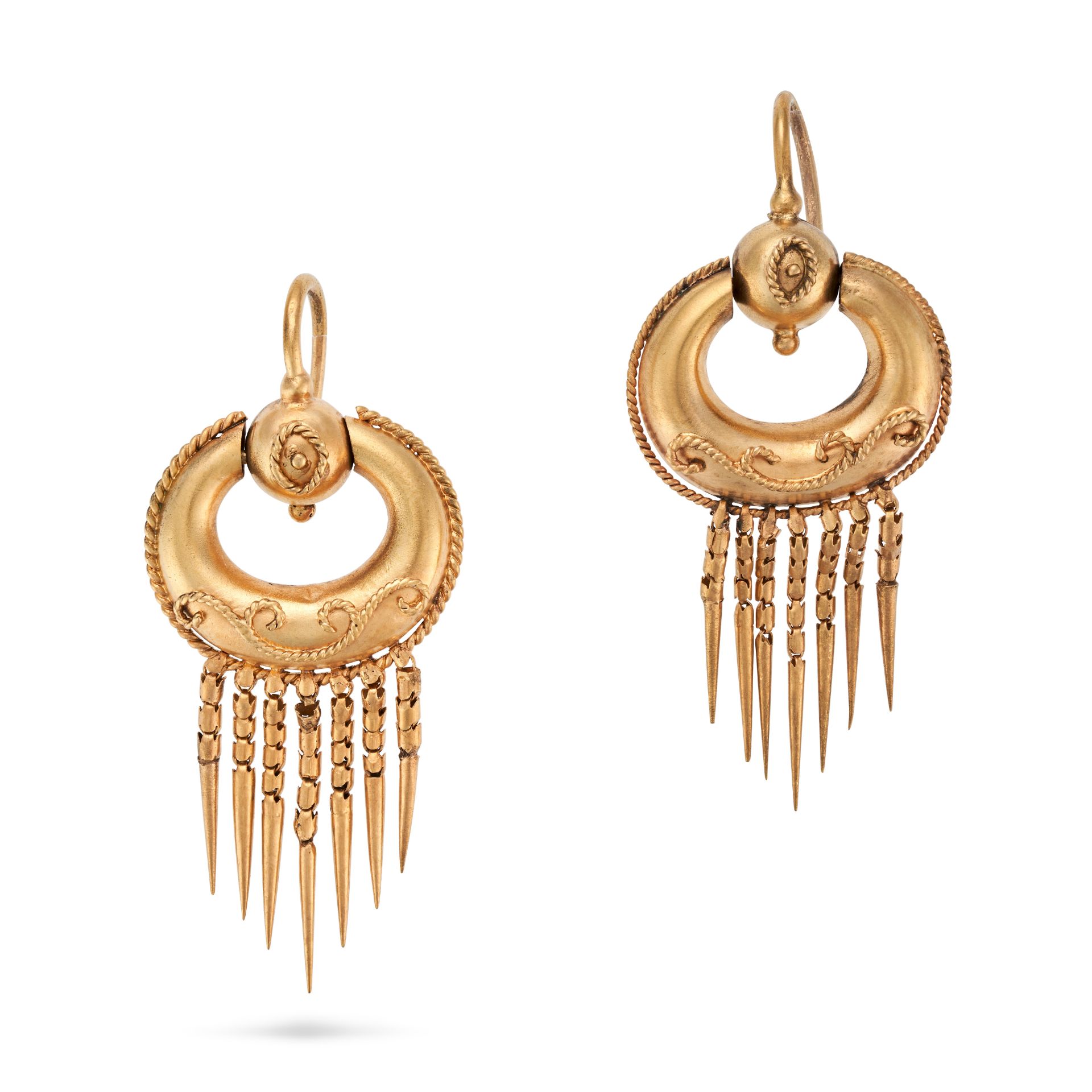 A PAIR OF ANTIQUE ETRUSCAN REVIVAL TASSEL EARRINGS in yellow gold, each designed as a hoop decora...