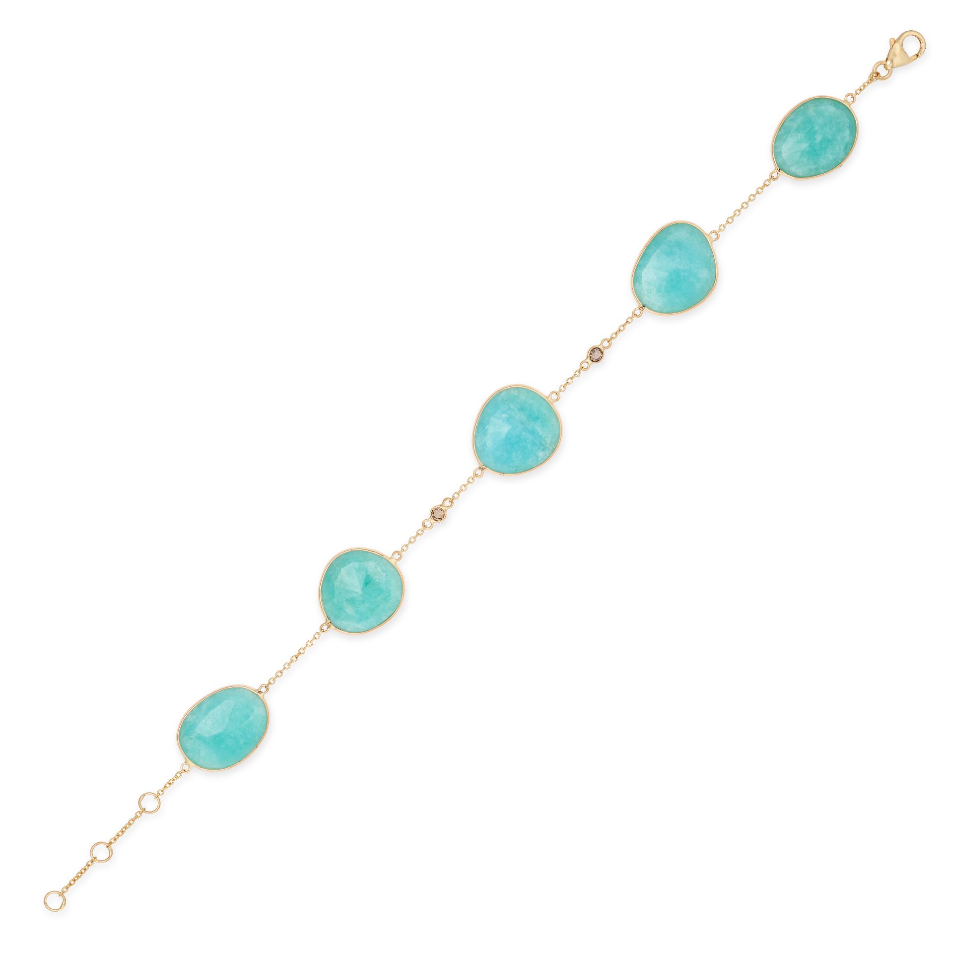 AN AMAZONITE AND DIAMOND BRACELET comprising a trace chain set with a row of faceted amazonites, ...