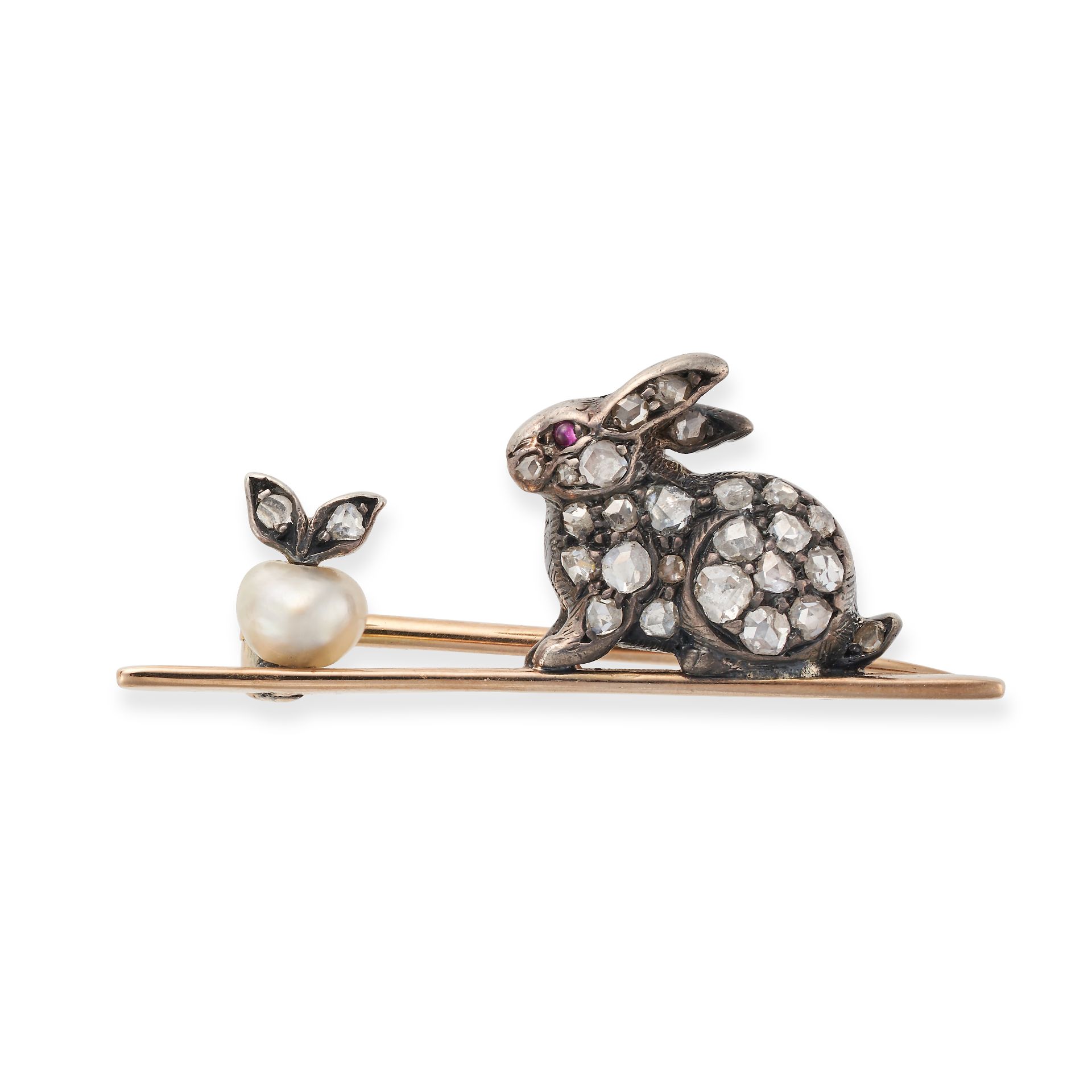 AN ANTIQUE DIAMOND, PEARL AND RUBY RABBIT BROOCH in yellow gold and silver, designed as a rabbit ...