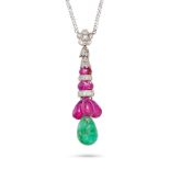 A RUBY, EMERALD AND DIAMOND PENDANT NECKLACE the pendant designed as a floral cluster of old cut ...