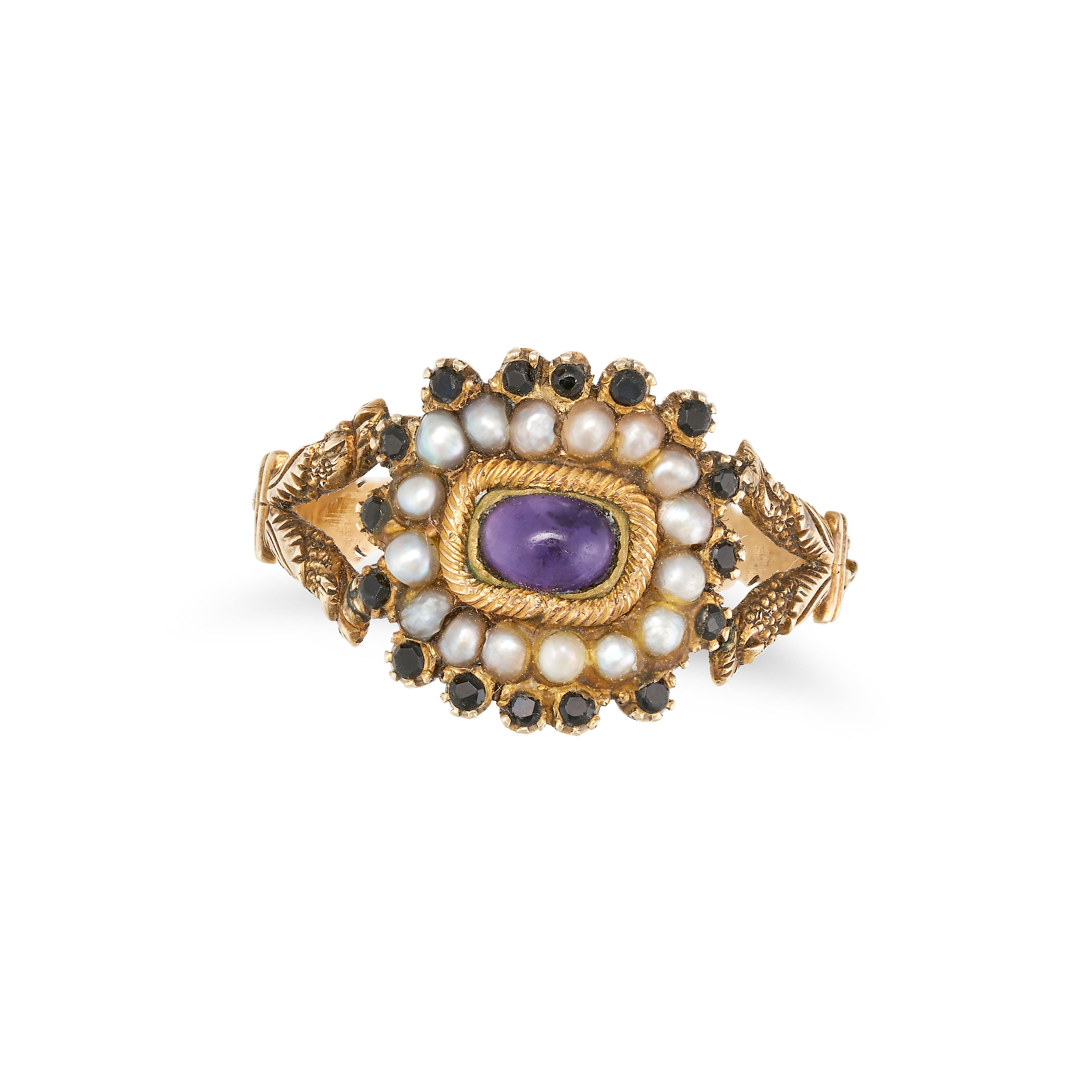 AN ANTIQUE AMETHYST, PEARL AND JET RING set with an oval cabochon amethyst in a cluster of seed p...
