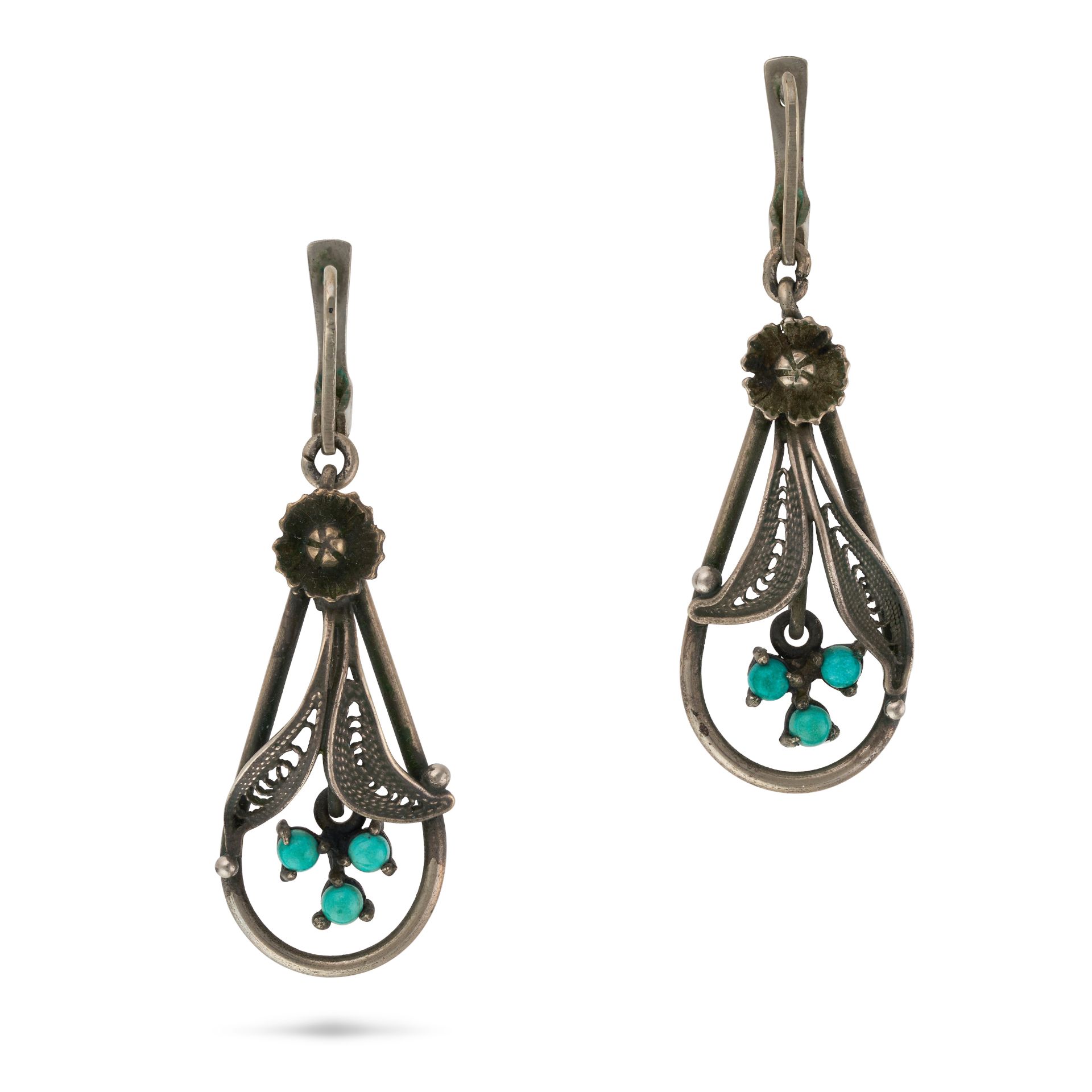 NO RESERVE - A PAIR OF ANTIQUE TURQUOISE DROP EARRINGS each suspending a filigree drop set with t...