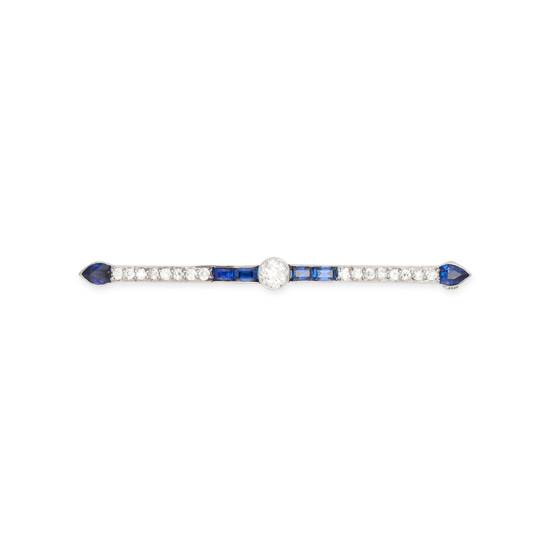 AN ANTIQUE SAPPHIRE AND DIAMOND BAR BROOCH in yellow gold and silver, set with an old cut diamond...