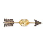 AN ANTIQUE YELLOW SAPPHIRE AND DIAMOND ARROW BROOCH in yellow gold and silver, designed as an arr...