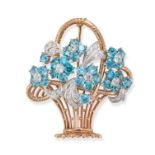 A RETRO BLUE ZIRCON AND DIAMOND FLOWER BASKET BROOCH in 9ct