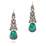 A PAIR OF EMERALD AND DIAMOND DROP EARRINGS each comprising a row of foliate links set with rose ...