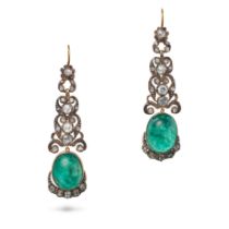 A PAIR OF EMERALD AND DIAMOND DROP EARRINGS each comprising a row of foliate links set with rose ...