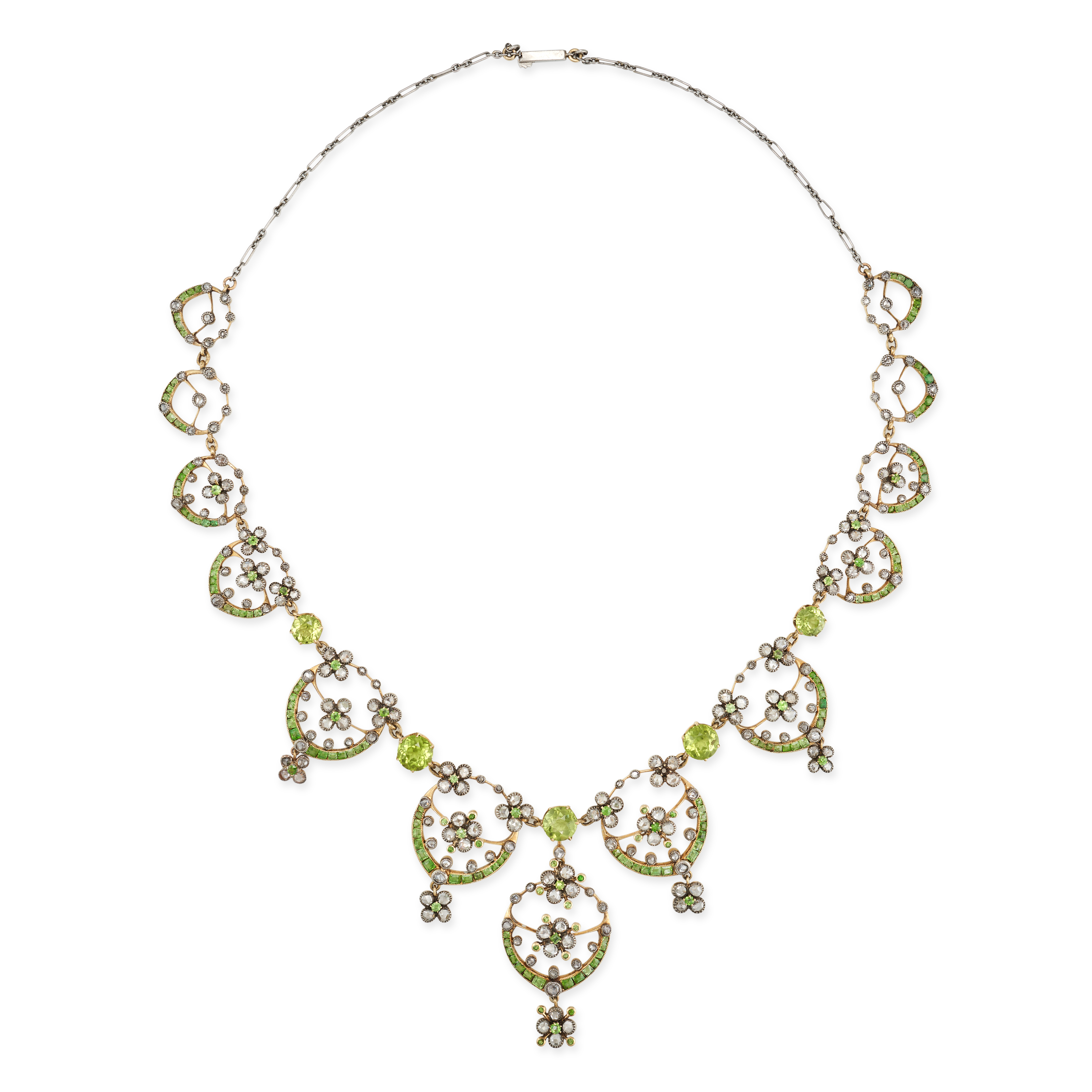 AN ANTIQUE GREEN GARNET AND DIAMOND NECKLACE in yellow gold and silver, the necklace in foliate d...