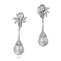 A PAIR OF DIAMOND AND PEARL DROP EARRINGS in 18ct white gold, each set with a cluster of marquise...