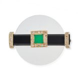 A VINTAGE CHRYSOPRASE, ROCK CRYSTAL, ONYX AND DIAMOND BROOCH comprising a rock crystal disc set w...