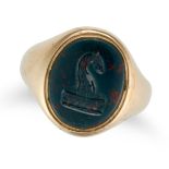 AN ANTIQUE BLOODSTONE INTAGLIO SIGNET RING in 18ct yellow gold, set with an oval bloodstone intag...