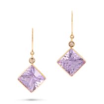 A PAIR OF AMETHYST AND DIAMOND DROP EARRINGS each set with a rose cut diamond suspending a fancy ...