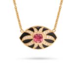 A PINK TOURMALINE, DIAMOND AND ENAMEL PENDANT NECKLACE the navette shaped pendant set with a cush...