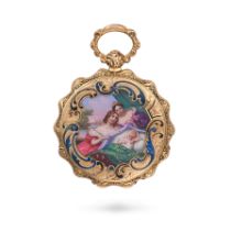 AN ANTIQUE FRENCH SWISS ENAMEL FOB WATCH gold dial with Roman numerals, the reverse decorated wit...