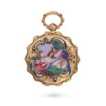 AN ANTIQUE FRENCH SWISS ENAMEL FOB WATCH gold dial with Roman numerals, the reverse decorated wit...