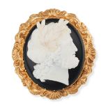 AN ANTIQUE BANDED AGATE CAMEO BROOCH in yellow gold, set with an oval banded agate cameo carved t...