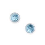 A PAIR OF BLUE TOPAZ STUD EARRINGS each set with a round cabochon blue topaz, stamped 18K, 0.7cm,...