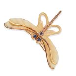 AN ANTIQUE ART NOUVEAU SAPPHIRE, DIAMOND AND HORN DRAGONFLY BROOCH the body comprising carved hor...